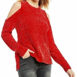 Gibson Latimer Chenille Sweater Red Cold Shoulder